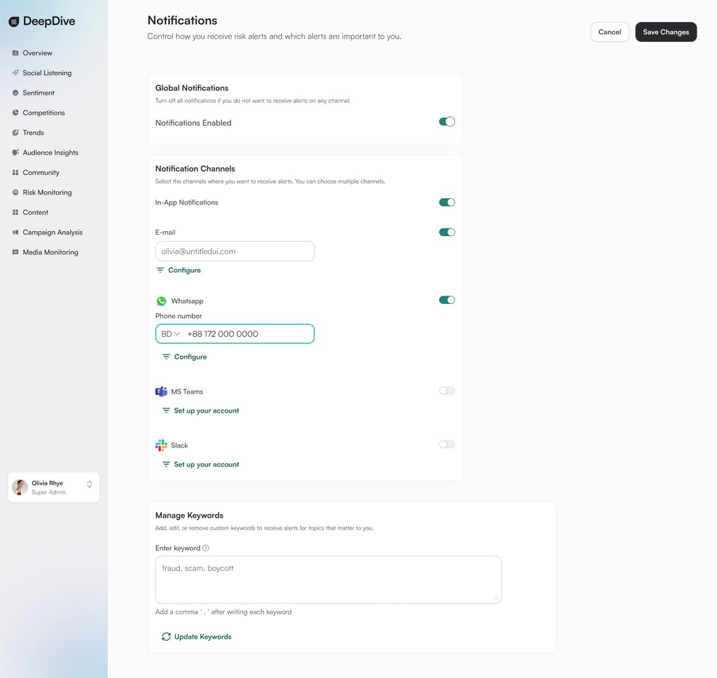DeepDive UI screen